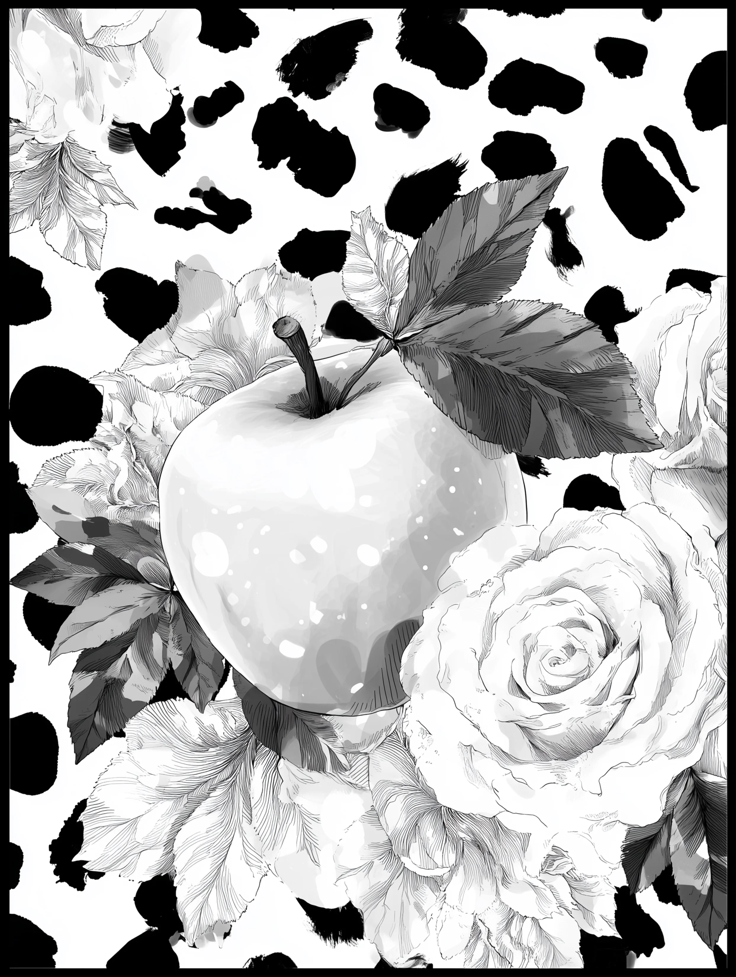 Free printable apple coloring page for adults featuring apple and rose on cow print